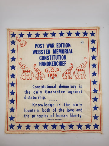 EXTREMELY RARE POST WAR ED. WEBSTER MEMORIAL CONSTITUTION HANKERCHIEF 1944 GOP