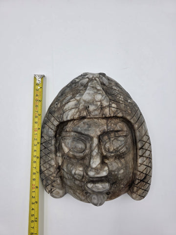 Antique Large Mayan Aztec Style Stone Tribal Ceremonial Mask Inlay 9” Statue