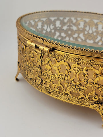Vintage 1950s Hollywood Regency Ormolu Jewelry Casket Beveled Glass Filigree Box