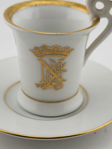 Antique Napoleon P.V. Czechoslovakia swan handle demi cup and saucer. VG Cond.