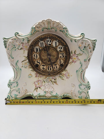 Antique 1890s #20 Kroeber Porcelain Mantle Clock - Turquois Accents - Working.