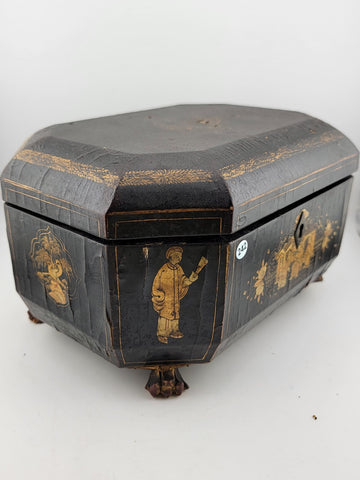 Rare 1800's Antique Chinese Gilt Lacquered Tea Caddy w/ Pewter Containers.