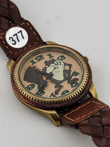 Rare Collectible Taz Wooden Dial Bezel Braided Leather Fossil Watch. Serviced.