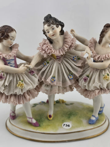 19th C Volkstedt Dresden Lace Porcelain Figurine Trio Ballerina Dancers Germany