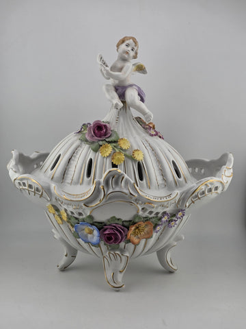 Antique Von Schierholz German Oval Reticulated Footed Bowl Lid & Figured Cherub