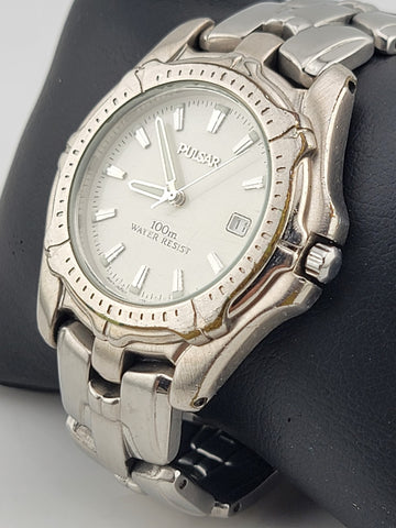 PULSAR Men's Silver Tone Stainless Steel White Dial Quartz WATCH V372-0240 Works