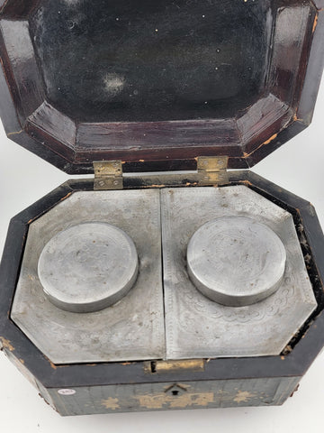Rare 1800's Antique Chinese Gilt Lacquered Tea Caddy w/ Pewter Containers.