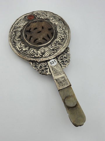 Rare Antique Chinese Ornate Jade and Silver  Carved Dragon Hand Mirror