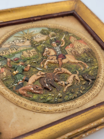 Rare Antique GERMAN MINIATURE WAX PAINTING "WILD BOAR HUNT" 1900s 16th C Style.