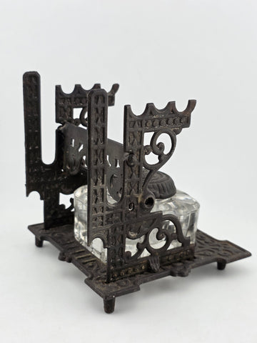 Antique TATUM'S Postal Ink Stand Cast Iron Glass Inkwell Quill & Envelope Holder