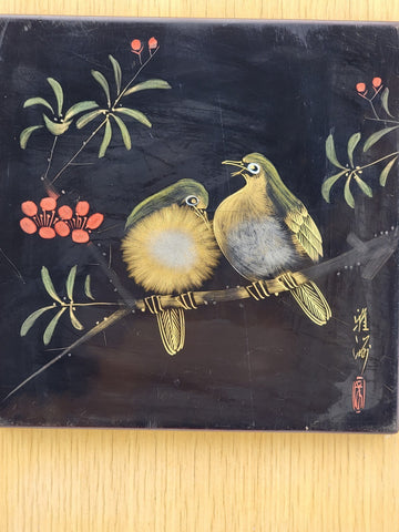 Japanese Wajimaya Lacquerware Asian Art Plaque Birds On Branch Painted Tile Vtg