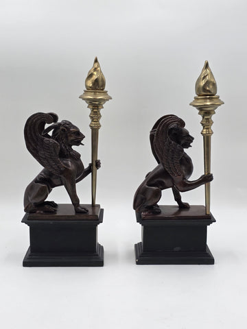 Rare Pair of Antique Late 19th C Heavy Bronze Griffin bookends/ Candleholders.