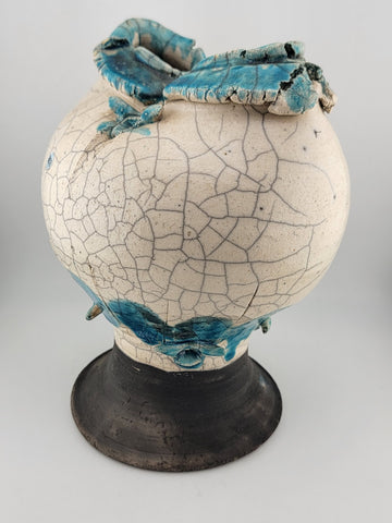 Rare Unique One Of A Kind Vintage Crackled Style Ceramic Vase W 2 Openings.