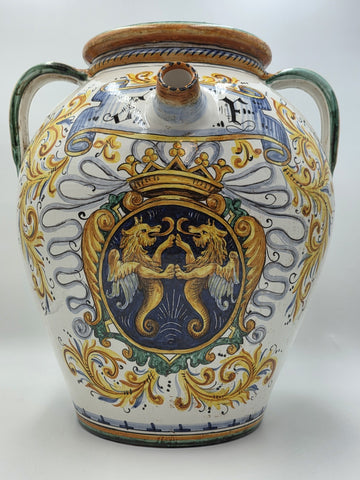 Rare Antique XL 19th C Italian Majolica Olive Oil Jar Heraldic Lions Handpainted