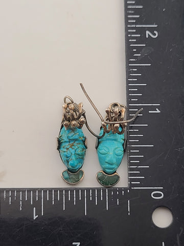 OOAK Vintage Mexican Sterling Silver Aztec-Style Turquoise Face Drop Earrings