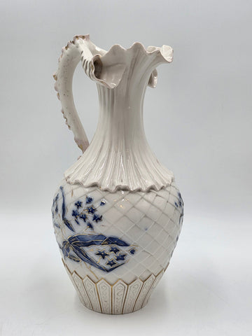 Antique 19th C Royal Worcester 1892 Porcelain Blue & Gold Floral Relief Pitcher