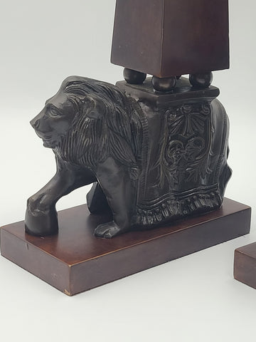 Rare 21" Wildwood Accents Bronze Lion Wood Obelisk Bookends Pair Neoclassical