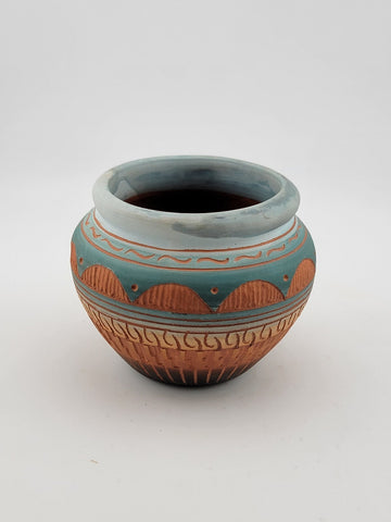 NAVAJO ENGRAVED RED CLAY POTTERY, GLAZED INSIDE VASE. *SIGNED T. TOM DINI "2000"