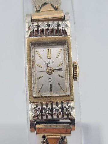 Vintage Woman 10kt Solid Rose Gold Elgin 17 Jewels Swiss Made Watch W 8 Diamonds