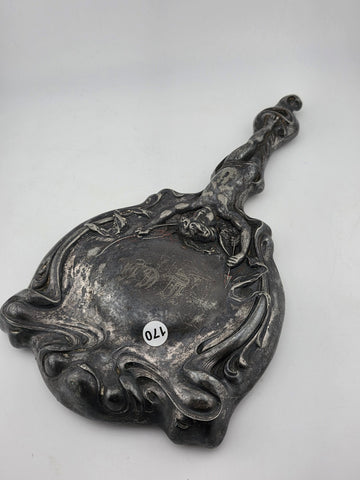 Antique Art Nouveau Silver Cupid Cherub Angel Figural Hand-Held Vanity Mirror