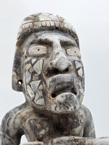 Antique Large Mayan Aztec Style Stone Sculpture Tribal Figure Inlay 15” Statue