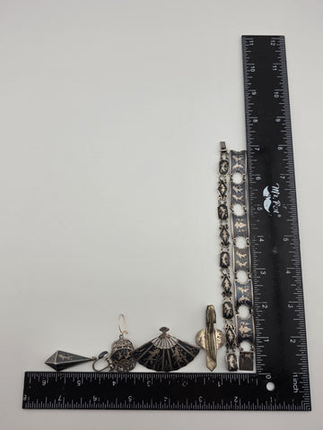 Rare Antique 1940s Siam Sterling Silver Niello Jewelry His And Hers Complete Set