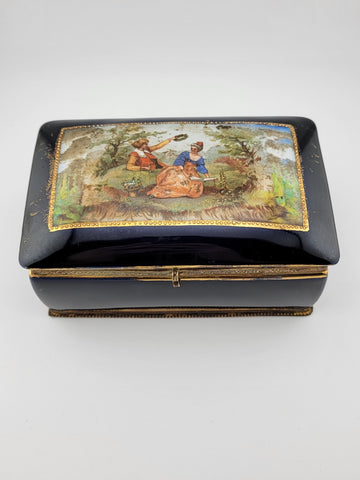 19 Century Germany Ornate Cobalt Blue Hand Painted 22K Gold Trinket/ Jewelry Box