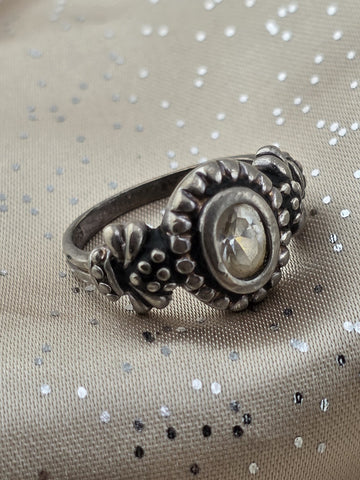 Antique 925 Sterling Silver Oval Clear Stone Floral Oxidized Artisan Ring Sz 8