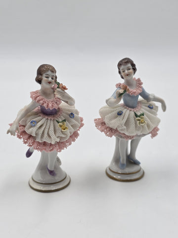 Vintage Dresden Style Porcelain Lace Ballerina Dancer Figurines Pair German 4"