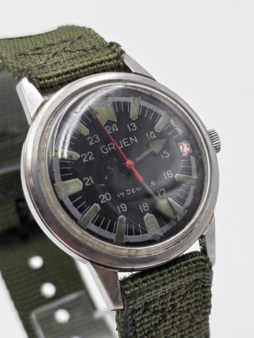 1950's Gruen 17 J Military Field Watch 24 Hour Dial Date Mechanical 35mm. Works.