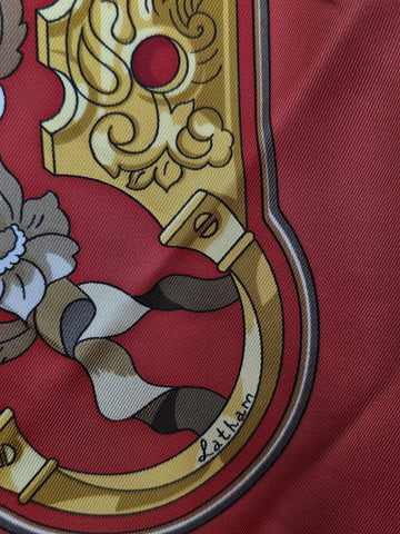 Vintage Authentic HERMES Paris 90 cm “Copeaux” Red Gold 100% Silk Scarf W Box.