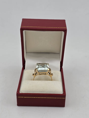 Vintage 1960's 14K Solid Gold Large Emerald Cut Blue Topaz Ring Sz 7.25 Cocktail