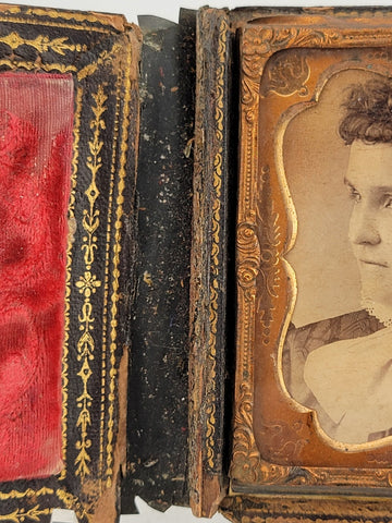 1860's Beautiful Lady Tin Type Fine Gutta Percha Deer Buck Hunter Pocket Frame