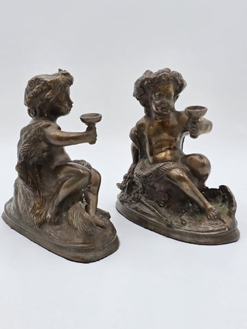 SET OF 2 FRENCH BRONZE SCULPTURE BY E. ROSSY ,PUTTI CHERUBS HOLDING A WINE CUP