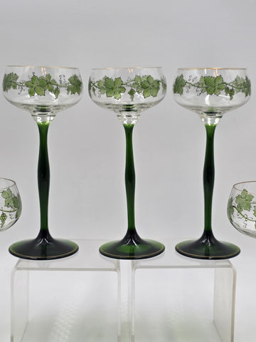 Set Of 5 Theresienthal Enameled Hock Stemware Wine Glass W Grapes & Leaves C1920