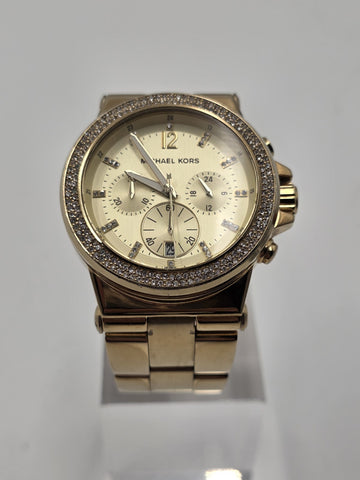 Michael Kors MK5386 Gold Tone Crystal Bezel Chronograph Watch 43mm Date