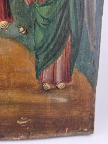 Antique Italian 19th C Catholic Ascension of Christ Oil on Wood Panel w Angels