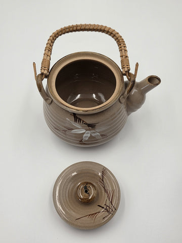 Vintage Japanese Ceramic Tea Set Bamboo Motif Teapot & 6 Cups Stoneware. VG Cond