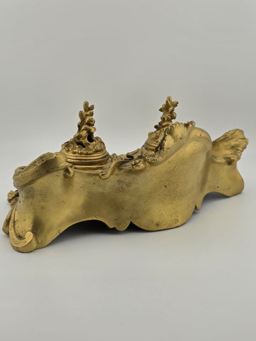 Antique 19th C French Louis XV Rococo Ornate Gilt Bronze Ormolu Inkwell Inkstand