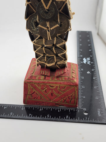 Antique Asian Chinese Coins 12" Figurine Wood Hands  & Head Made in Indonesia