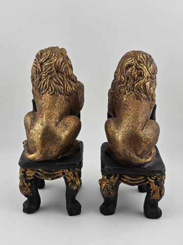 Pair Antique Carved Wood Heraldic Lions Bookends Fleur-de-Lis Shield Gold &Black