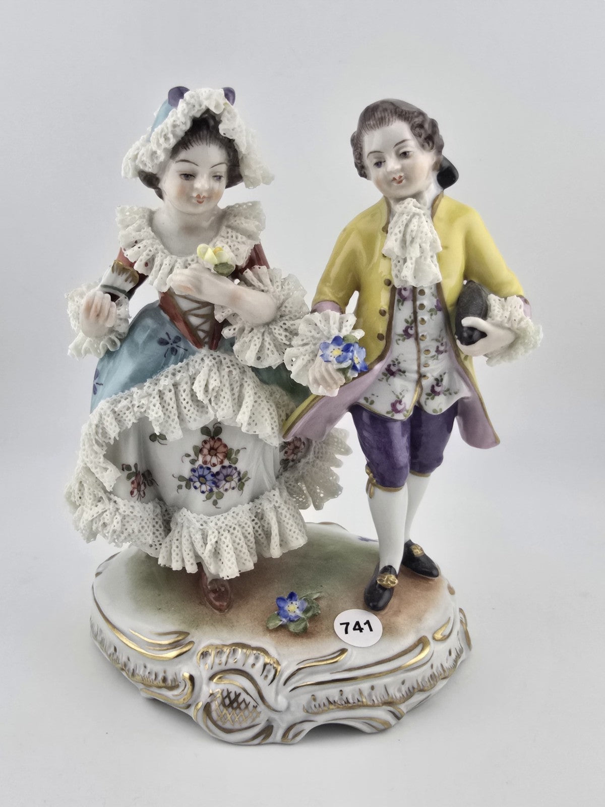 Vintage MCM Volkstedt Dresden Lace Porcelain Figurine GDR Courting Couple Rococo