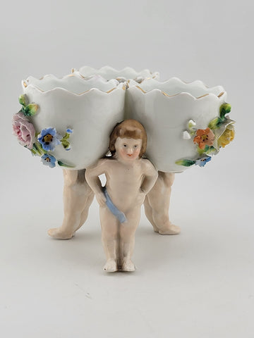 Antique Dresden Germany Porcelain Floral 3 Little Bowls w Figural Cherub Putti.