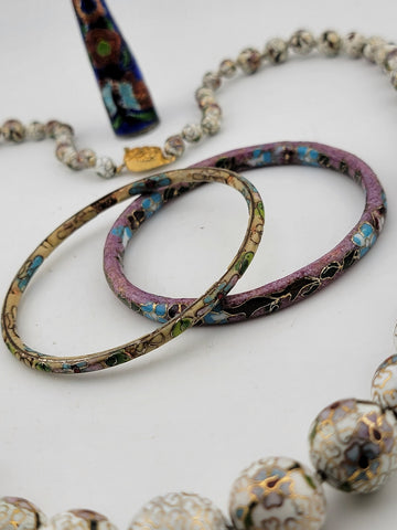 Vintage Elegent Set Of Cloisonne Accessories 2 Bracelets, Necklace & Nail Guard.