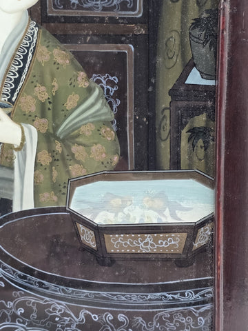 Antique Chinese Reverse Painted Glass Court Lady Portrait Hardwood Frame 14"