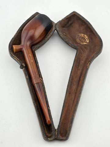 ANTIQUE VICTORIAN ERA MONOGRAMMED CASED MEERSCHAUM PIPE, AMBER LONG STEM. READ.
