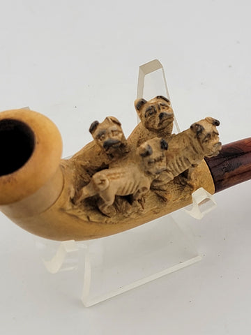 Antique 19th C 4 Pugs Meerschaum Pipe/ Cig. Holder W Amber Stem. Original Case.