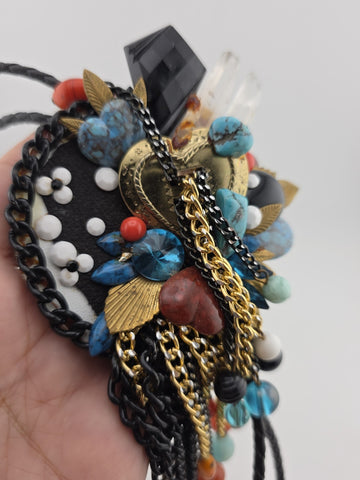 Vintage Large Boho Statement Bolo Necklace Brooch Turquoise Tassel Mixed Media