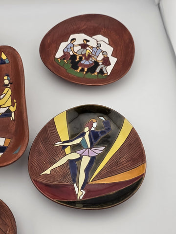 Vtg Keramos Hand Painted Art Pottery Bowl & Plates Lot 7 Mid Century Figurative