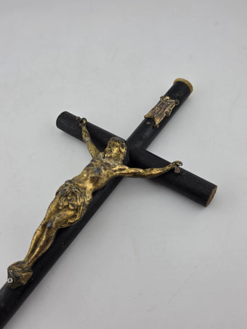 Rare Antique 19th C Crucifix Metal Jesus On Wood Cross W Rare Tips Memento.
